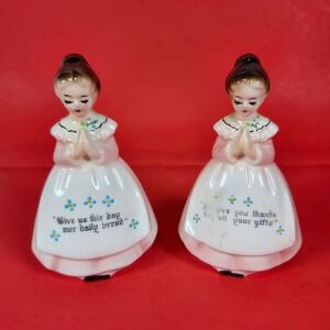 Vintage Praying Girls Figurines Set Japan Pink‎ Dresses Blue Flowers Table Decor